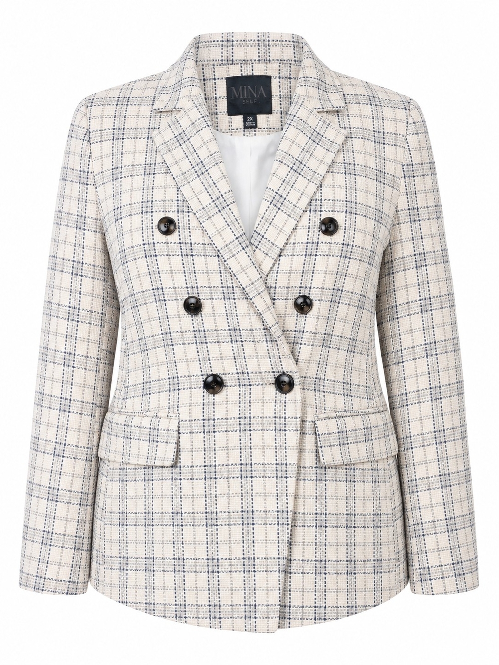 MINA SELF | Cream Navy Plaid Double Breasted Lady Blazer Career Jacket | 2X